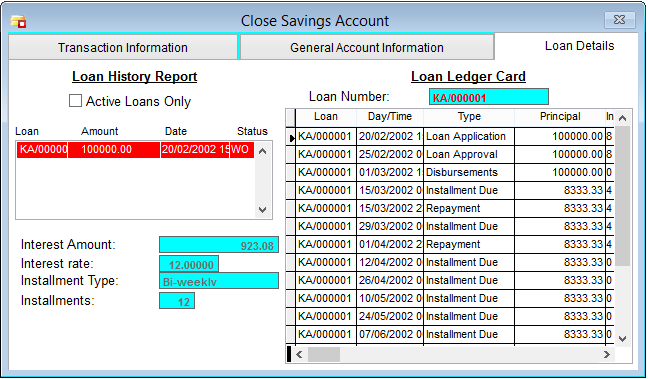 Close Savings Account Loan Details